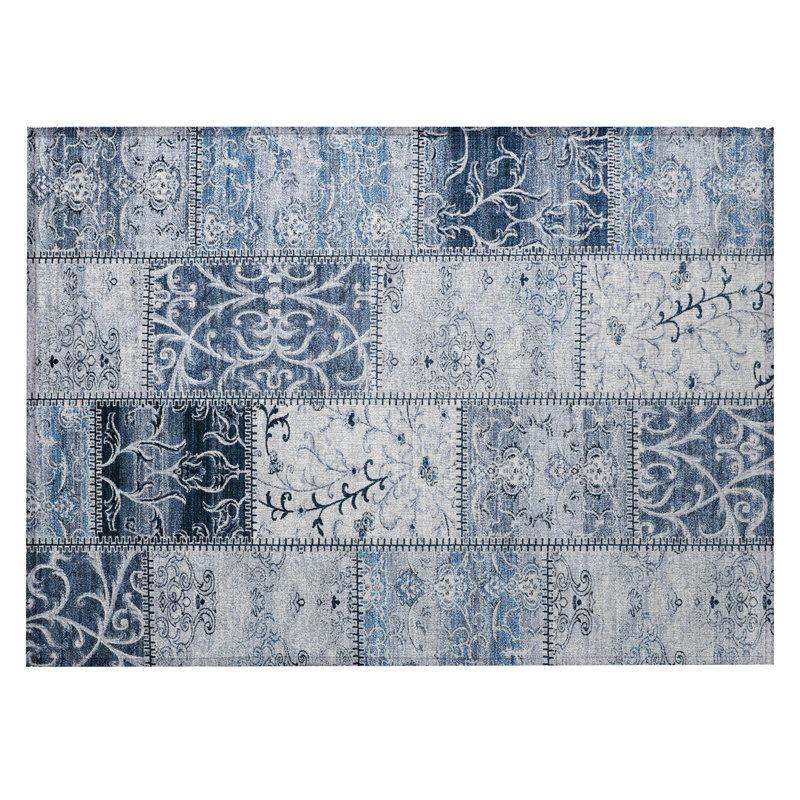 2' X 3' Denim Blue Patchwork Washable Non Skid Indoor Outdoor Area Rug