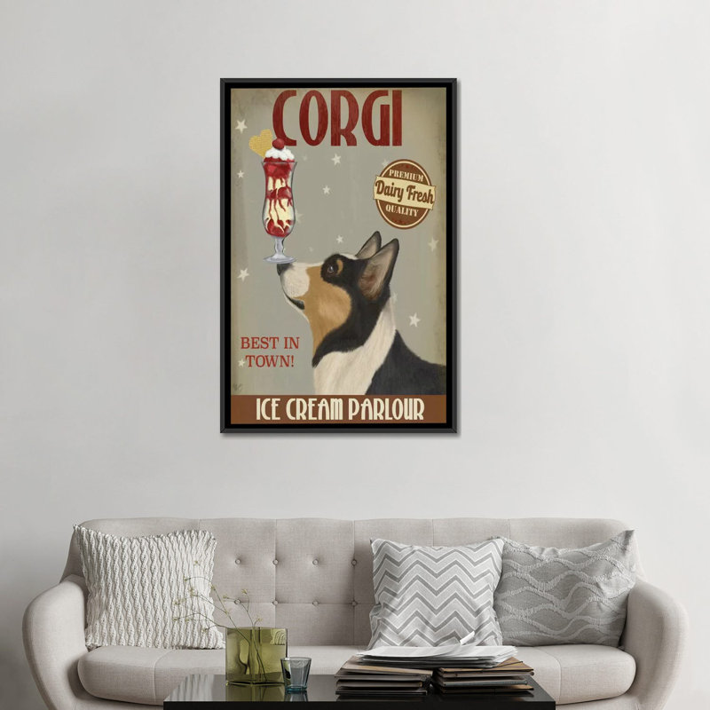 Fab Funky Corgi, Black And Tan, Ice Cream by Fab Funky - Wrapped Canvas Gallery-Wrapped Canvas Giclée, Black Framed Canvas