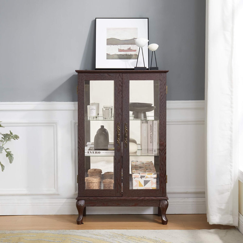 Lighted 2-Door Curio Cabinet With Tempered Glass Doors And Mirrored Back Panel – Adjustable Shelves Display Case For Home Or Office, White