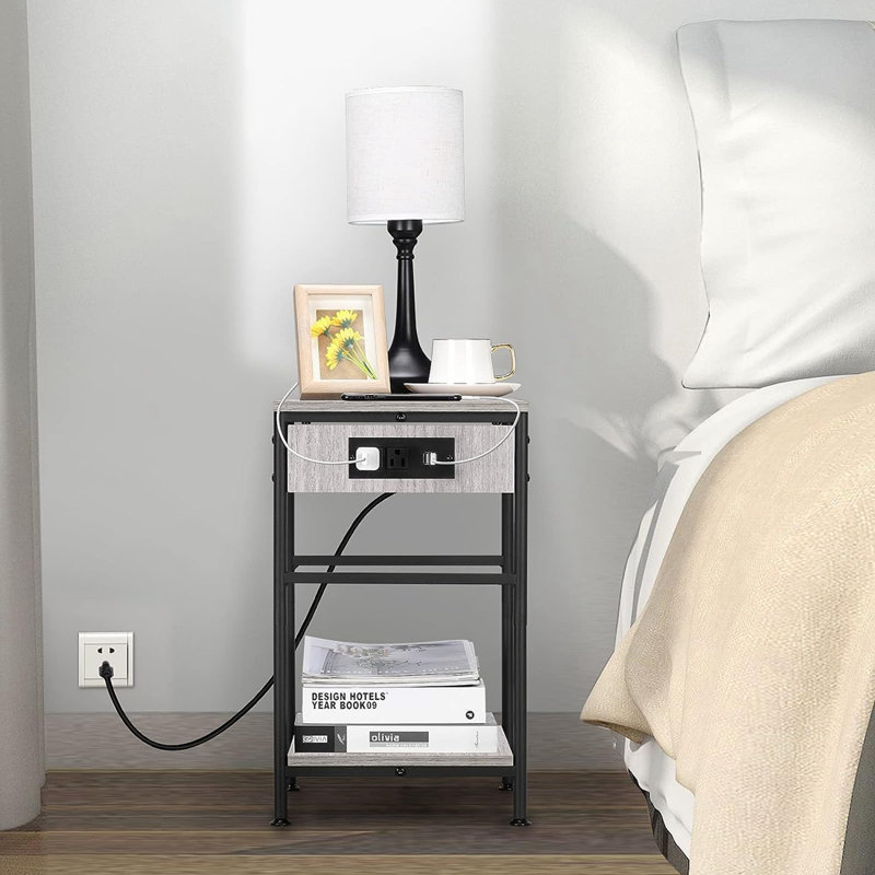 Buhler End Table Set and Built-In Outlets, Gray