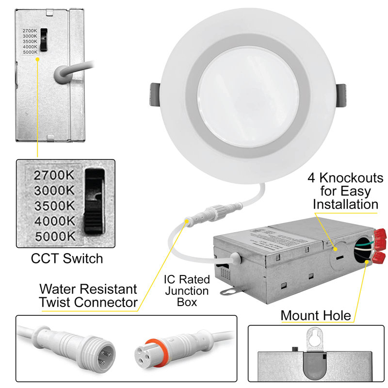 6 po. Plafonnier encastré encastré Canless 15 W 1200LM, 5CCT 27K-50K, Triac à intensité variable 120V 6PK
