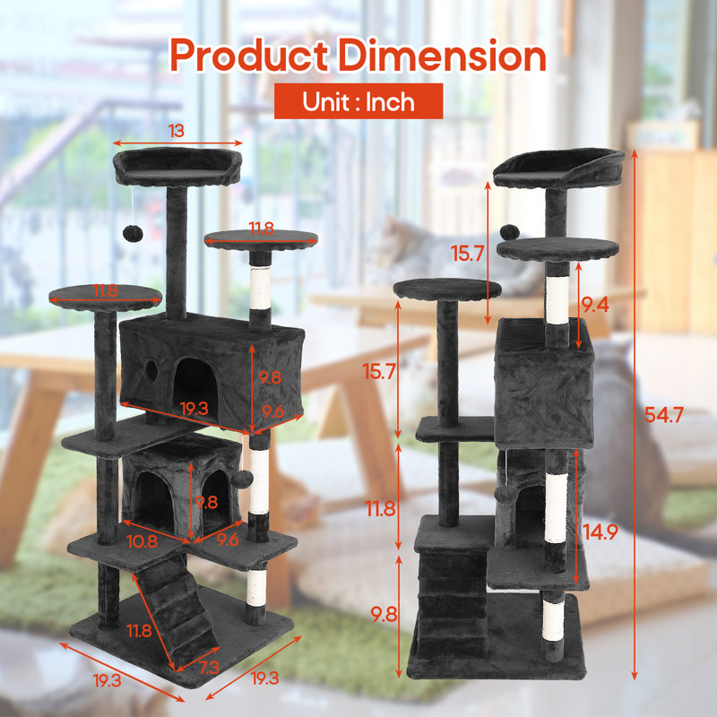 Derrell Multi-Level Cat Tree Tower, Dark Gray, 54.7" H x 19.3" W x 19.3" D