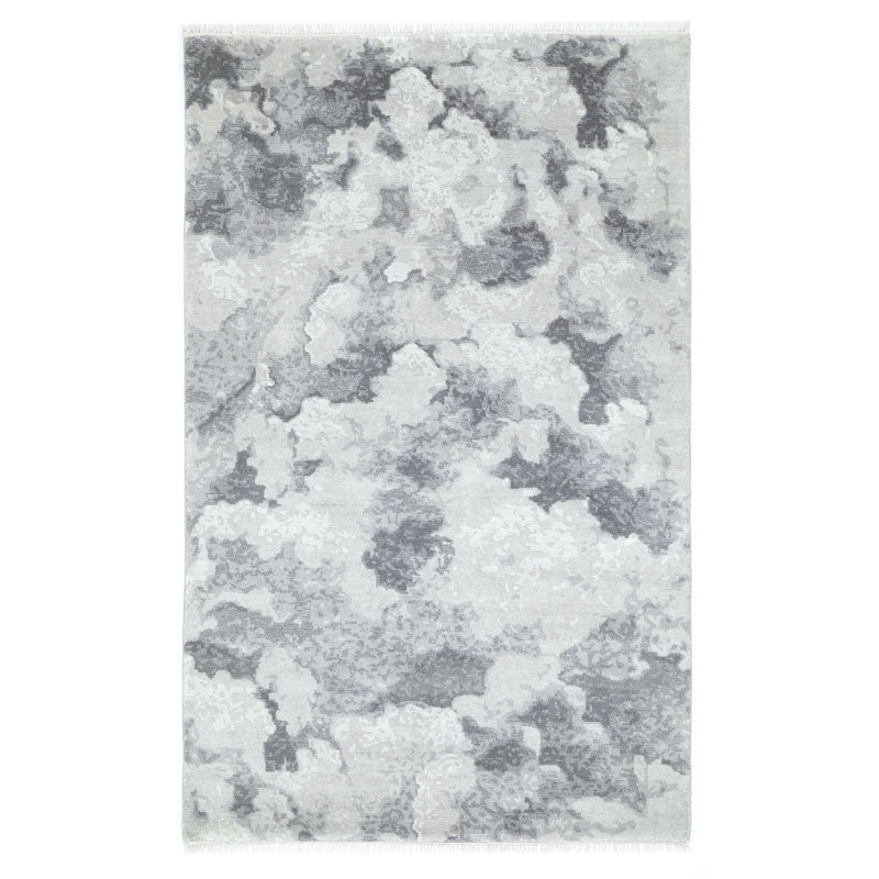 Tapis abstrait gris noué à la main Cloud, Rectangle de 5 pi x 8 pi