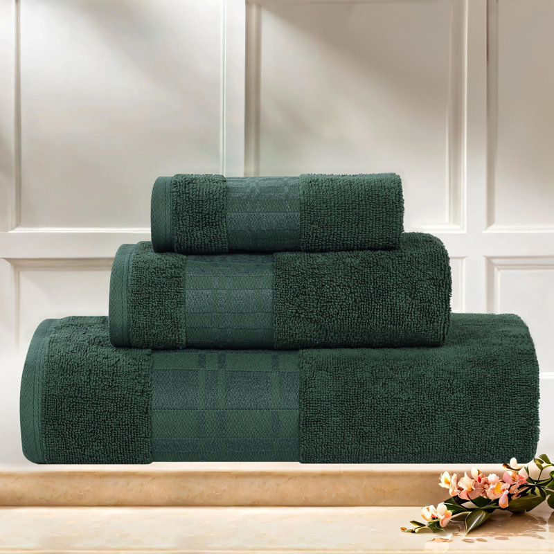 Davis Larissa Cotton Medium Weight Geometric Border 3 PC Assorted Towel Set, Forest Green