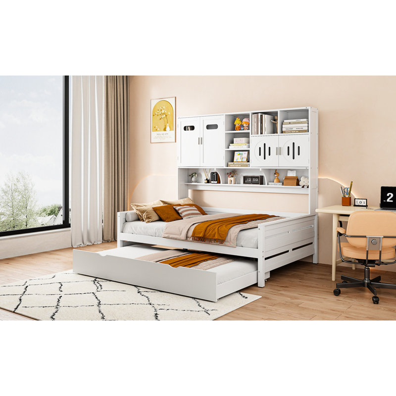  Lit de jour avec rangement et lit gigogne, style simple - Élégante tablette d'armoire en bois, White, Full