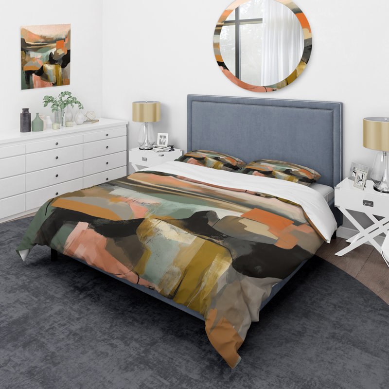 Ensemble de housse de couette abstrait vert et beige Transcendant Reality II - Microfibre de polyester