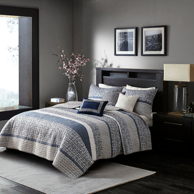 Courtepointe 6 pièces bleu marine / très grand. Remplir. Coussins décoratifs avec broderie. Literie lavable réversible toutes saisons. Coussins plissés. And Cool