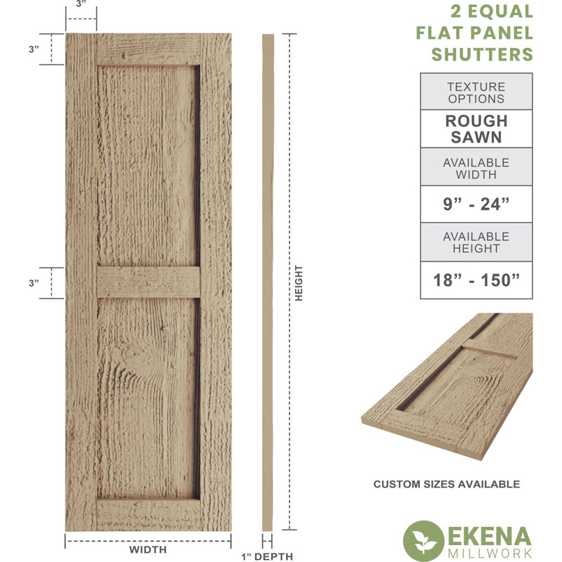 Rustic Two Equal Panel Flat Panel Faux Wood Shutters (Per Pair), Rough Sawn Texture/Primed Tan, 12", 82"