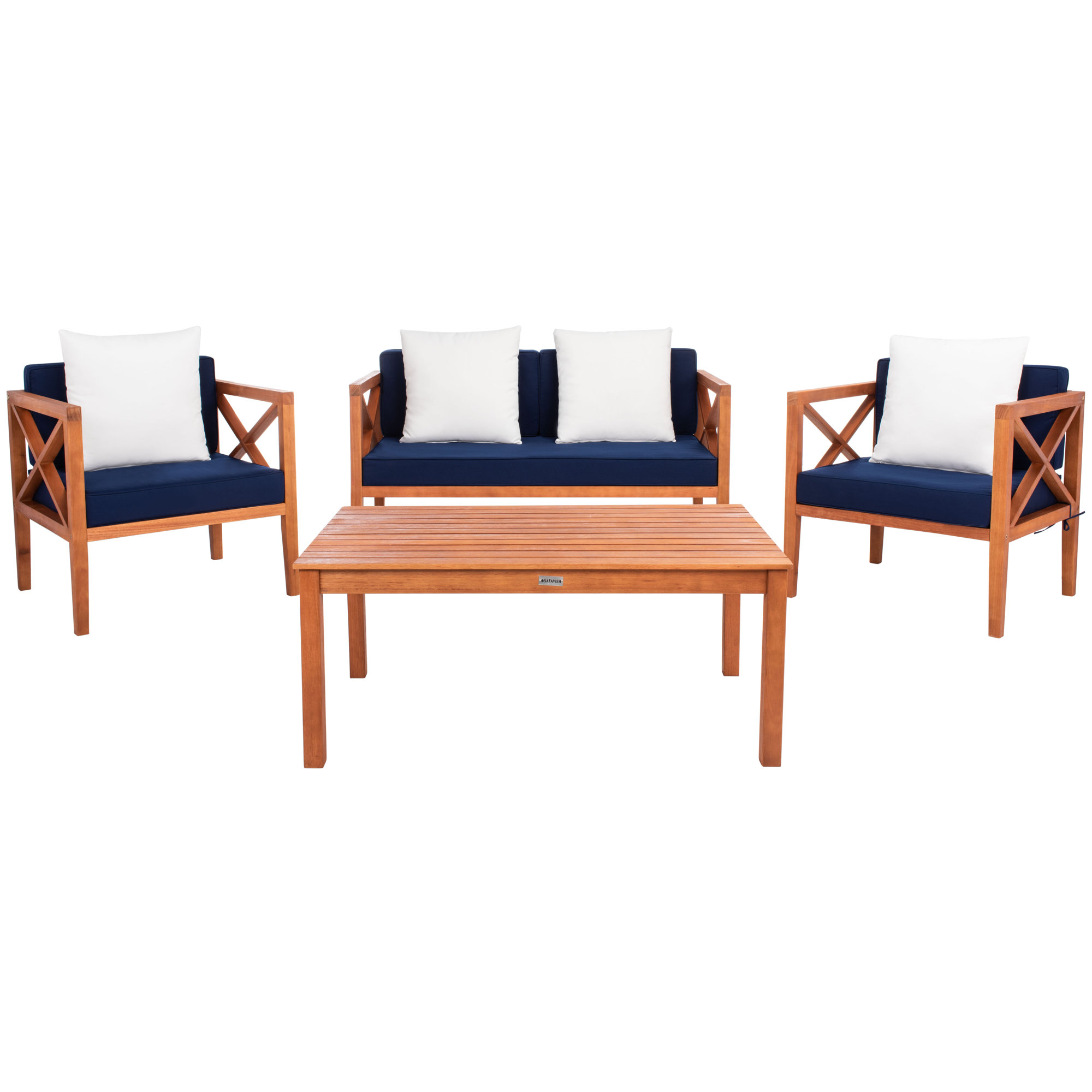 Mondovi Eucalyptus 4 - Person Patio Conversation Set with Cushions, White, Natural Frame/Navy Cushion