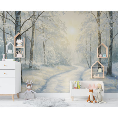 Murale forêt d'hiver - Papier peint aquarelle chemin enneigé avec lumière dorée - Pépinière élégante ou art mural de luxe (non tissé) 