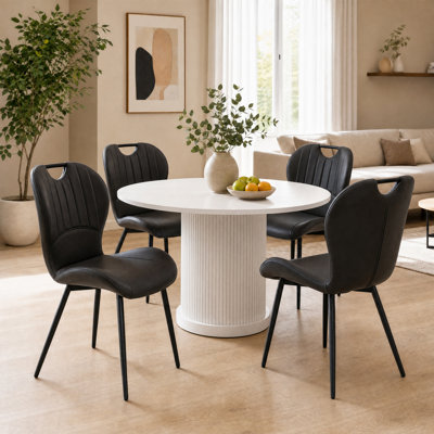 Modern PU Leather Dining Chairs with Integrated Handle, Ergonomic Upholstered Side Chair with Black Metal Legs, Black (Set of 4)