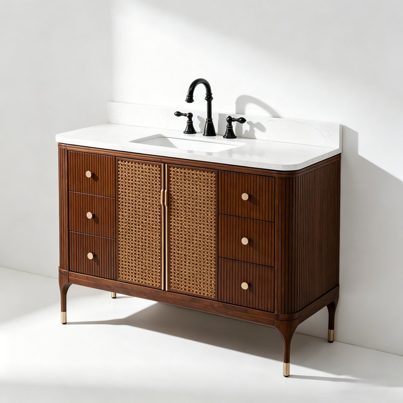 48" Mid-Century Glam Rattan Single Sink Bath Vanity with Engineered Marble Top, Brown
