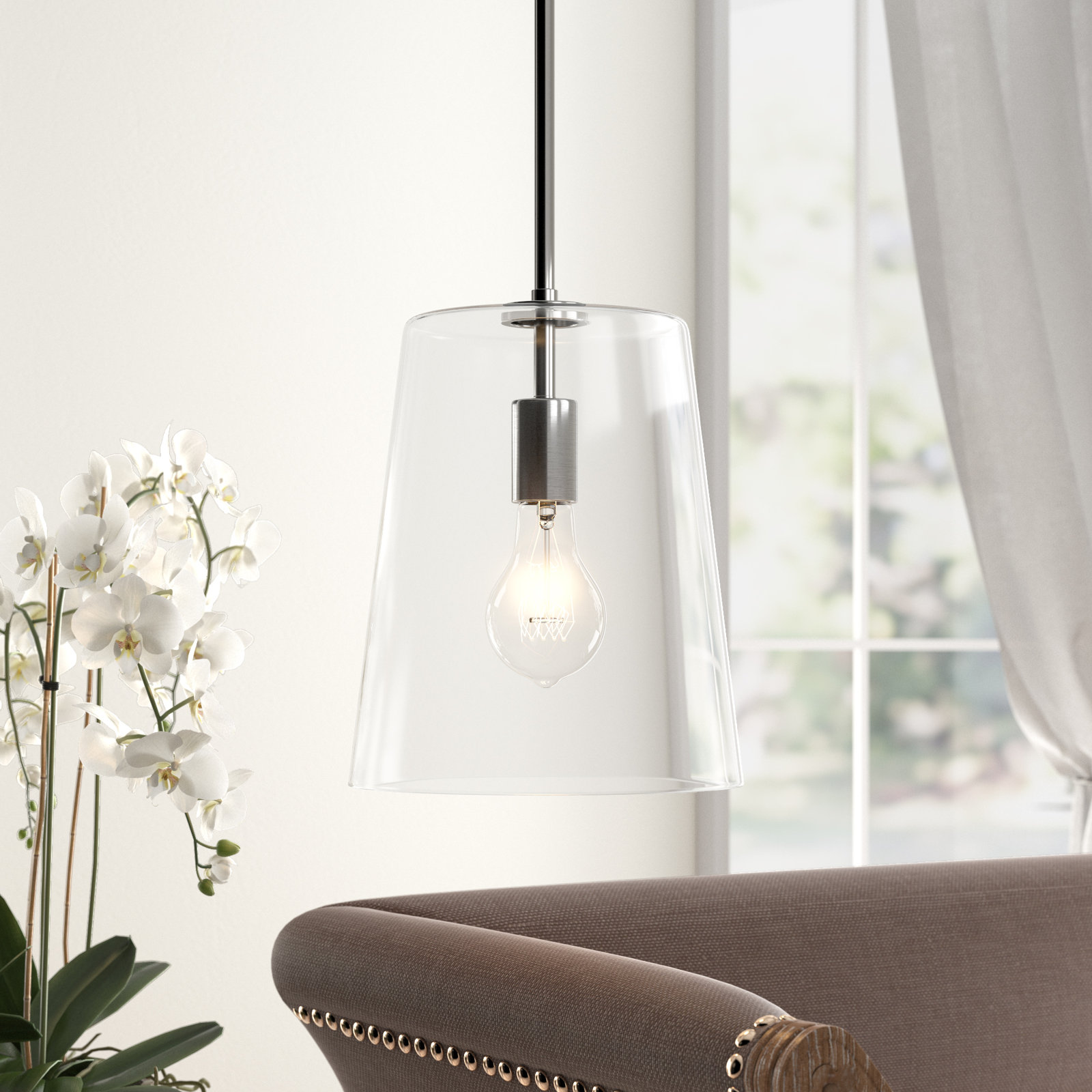 Selena Single Light Glass Dimmable Pendant, Light Silver, 11.38" H x 9" W x 9" D