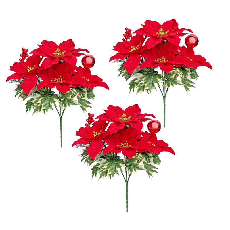 3 pièces de velours de Noël à 7 têtes, aiguilles de pin, boules colorées, poinsettia, paquet