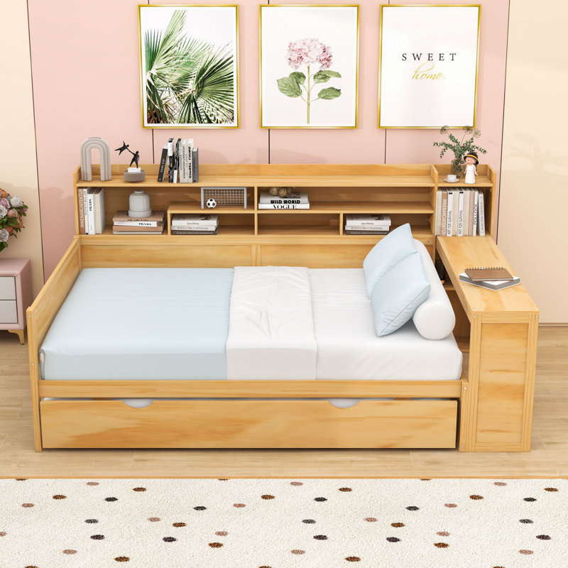 Lit de jour en bois avec lit gigogne, bureau intégré et tablettes de rangement, Double, Naturel