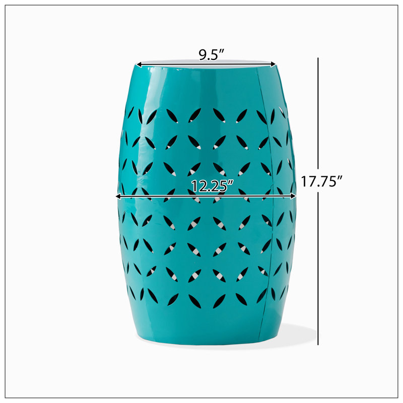 Teal Metal Lace Cut Barrel Accent Table