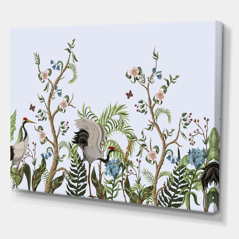 Bordure avec grues et pivoines dans un style chinois - peinture sur toile, H 16 po x l 32 po x p 1 po, Toile tendue