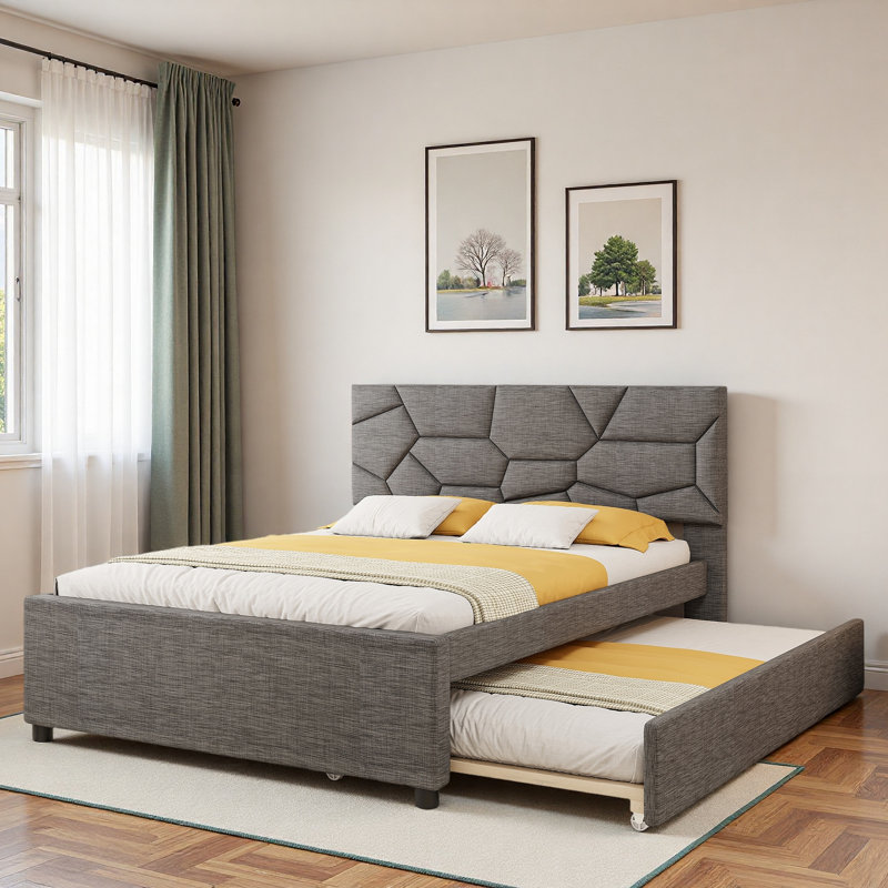 Lit plateforme tapissier avec tête de lit et lit gigogne à motif brique, Gris