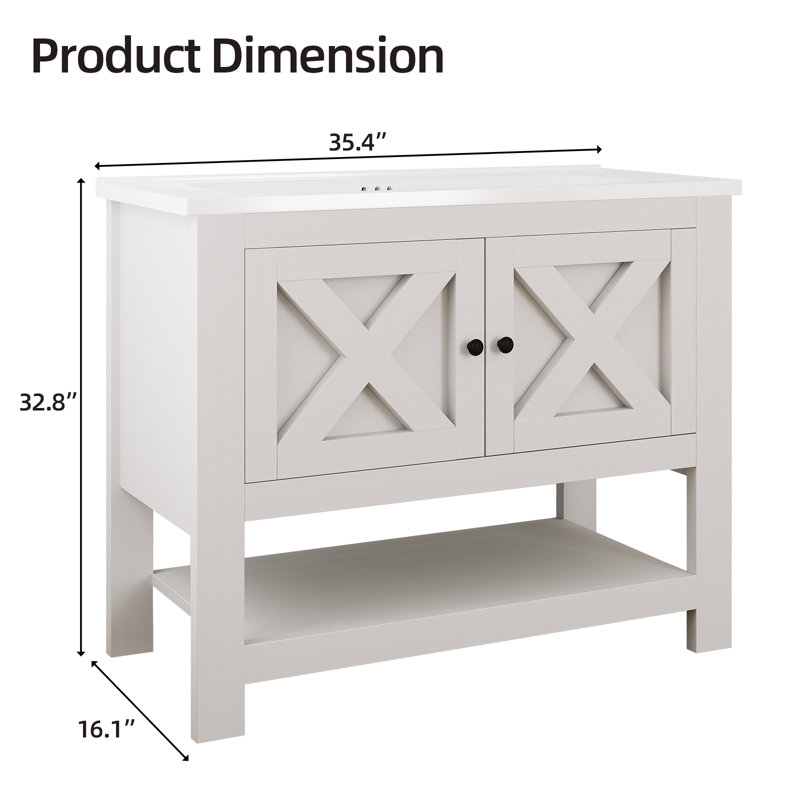 Meuble-lavabo simple autoportant de 89 cm de largeur avec lavabo, 2 portes et tablette ouverte, Blanc
