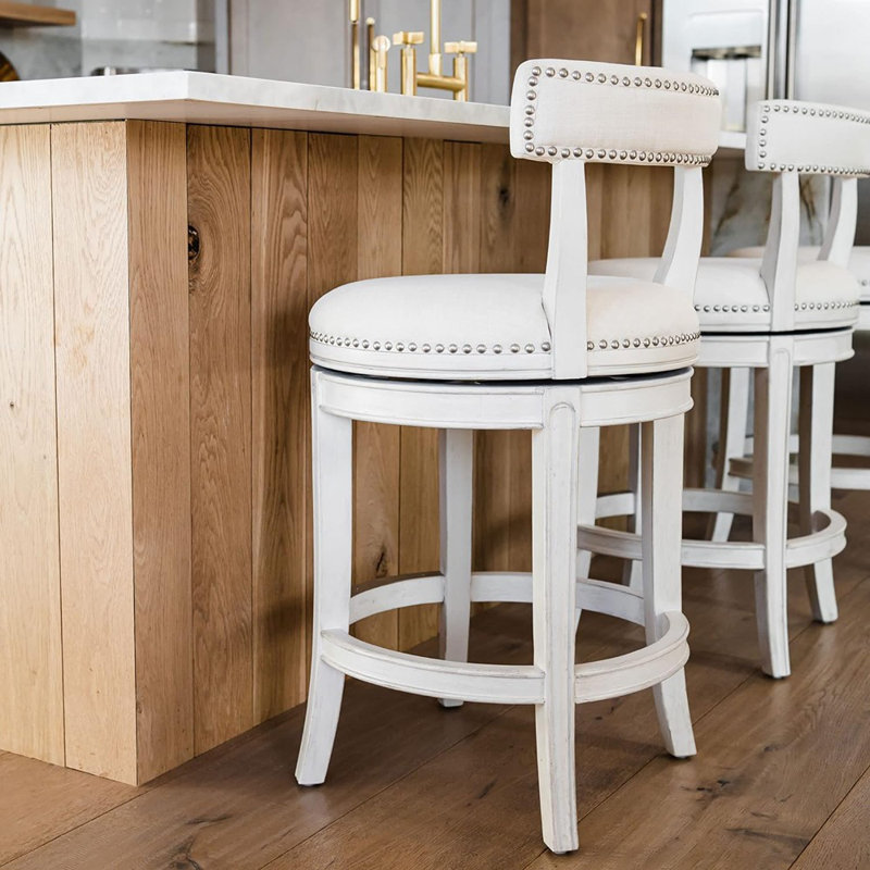Alexander 31-Inch Weathered Oak Swivel Bar Stool with Upholstered Seat