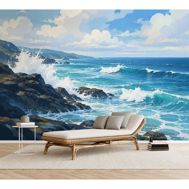 Papier peint adhésif auto-adhésif Coastal Rocky Shore Turquoise Waves Clear Sky, L 69 po x l 96 po