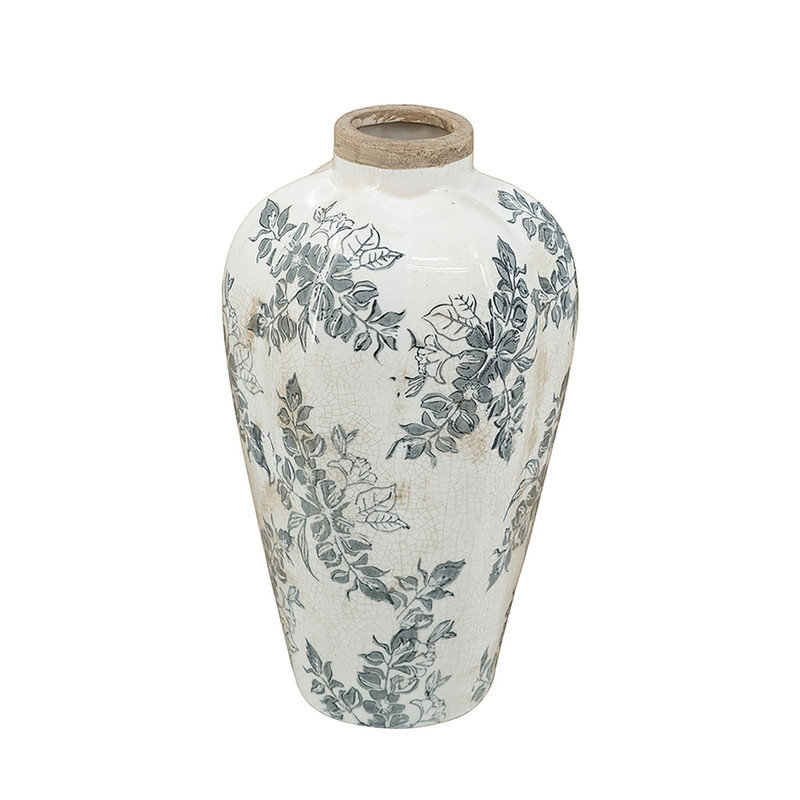 Hand-Distressed Crackle Glaze Ceramic Vase, Floral, 11.6" H x 6.7" W x 6.7" D