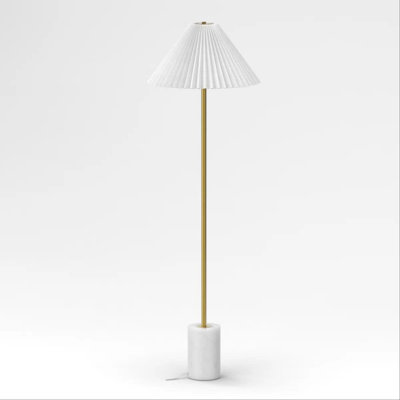 Modern 63-Inch Floor Lamp with Pleated Shade & White Marble Base, Gold Standing Light with Dual E26 Sockets & Foot Switch for Living Room or Bedroom (Bulb Not Included)