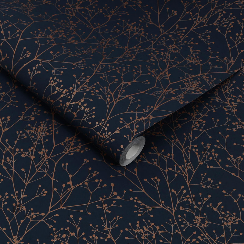 Clarissa Hulse Gypsophila Metallic Floral Wallpaper, Navy Blue/Golden