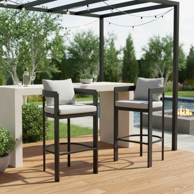 Outdoor Patio Barstool, Dark Grey Iron Frame With Light Grey Cushion, Set Of 2