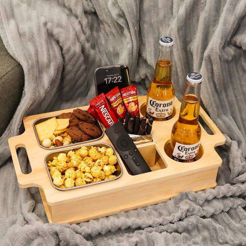 Couch Cup Holder, Wooden Couch Caddy With Stainless Steel Snack Fruit Tray For Bed RV Organizer, Cup Drink Storage Anti-Spill Sofa Cup Holder