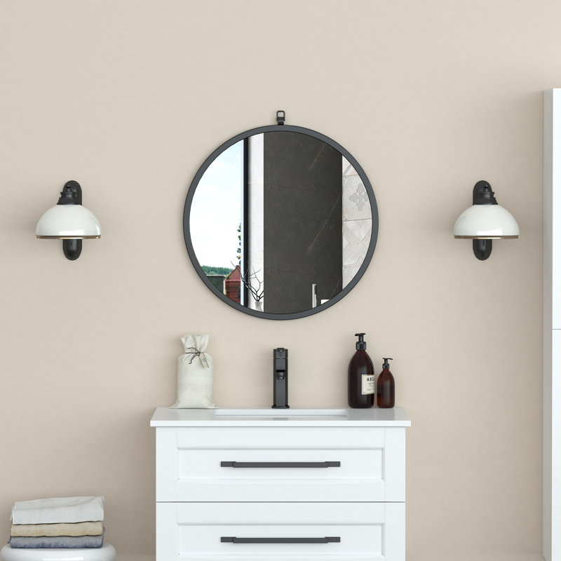 Metal Flat Wall Mirror with Hooks, 24" x 24", Black