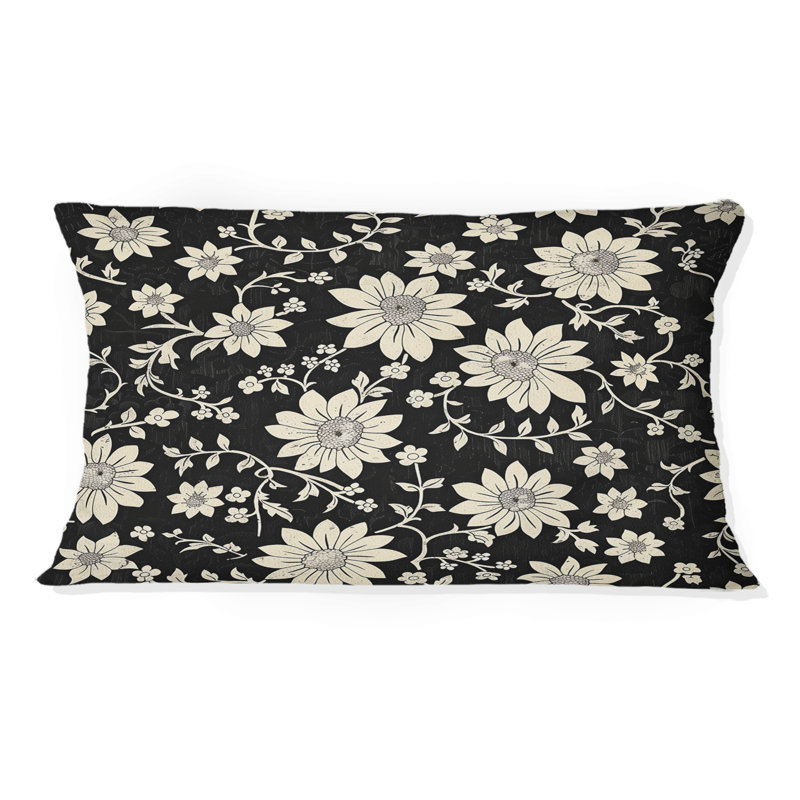 Coussin décoratif noir et blanc Country Flowers III, H 12 po x l 20 po, Forme rectangulaire