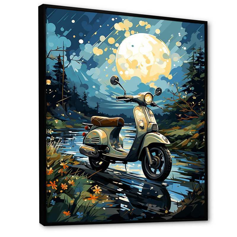 Impression sur toile Urban Nightly Scooter Vibes, Cadre flottant noir, 20" H x 12" W