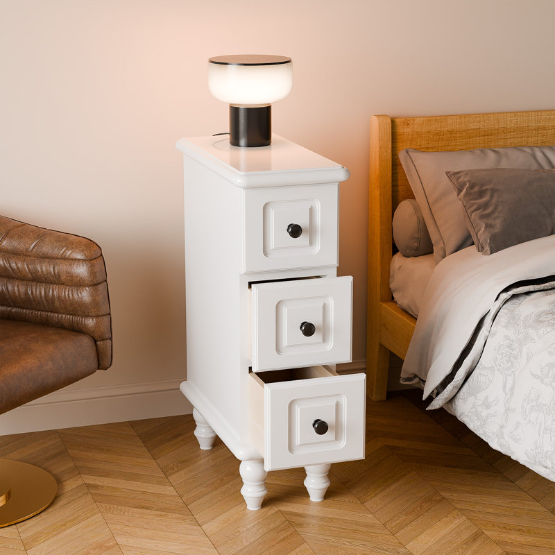 White Night Stand, Solid Wood Nightstands With 3 Drawers, Small Narrow Nightstands End Table For Bedroom
