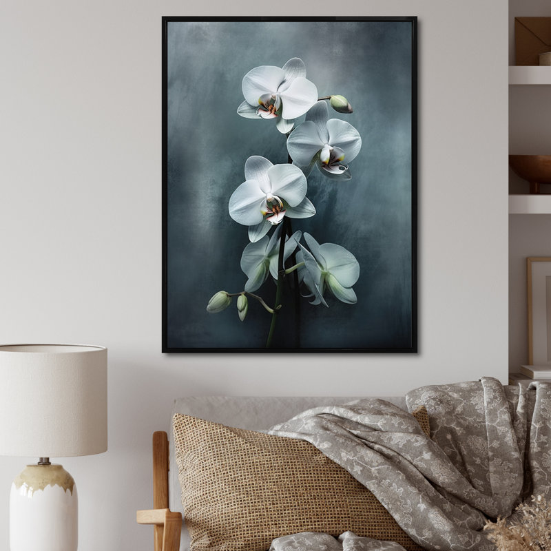 Orchidées exotiques blanches II, H 40 po x l 30 po x P 1,5 po, Cadre flottant noir