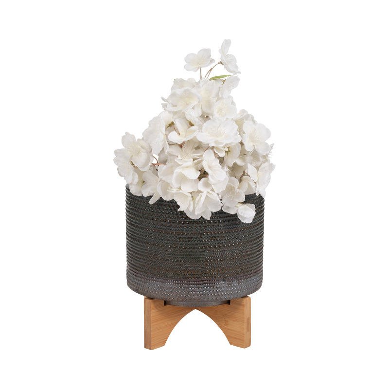 Elegant Outdoor Planter on Bamboo Stand for Living Room or Patio Styling - Modern Flower Pot Tabletop Accent for Indoor Home Decor or Office - Green