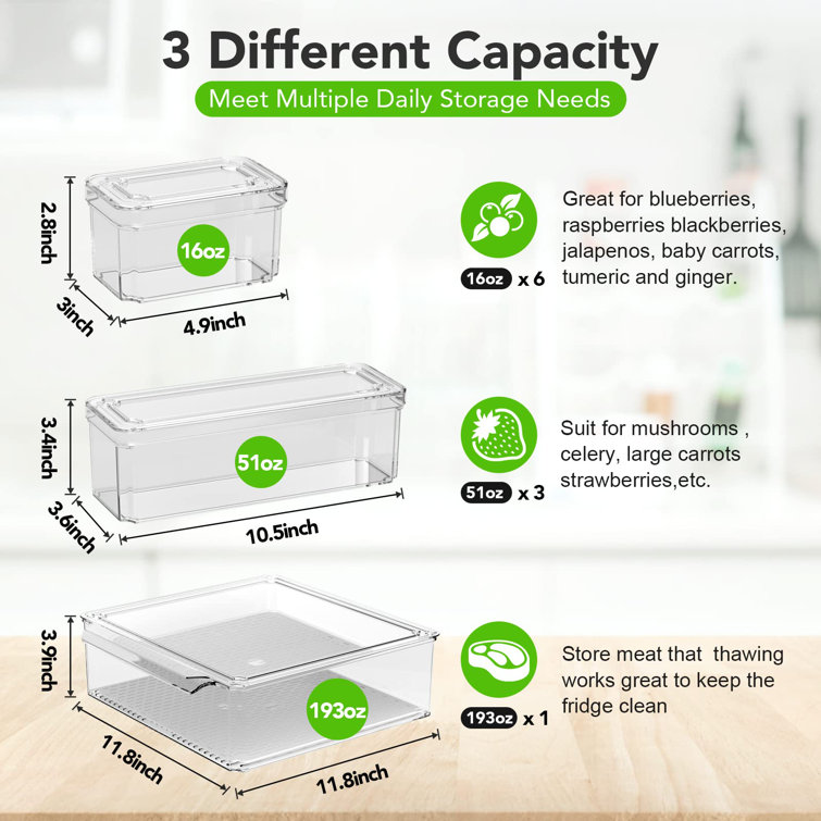 10 Pack Refrigerator Organizer Bins - 3 Size Stackable Fridge Clear Storage  Bins with Lids for Vegetable Berry Cereals Grape Tomatoes Fruit ,etc