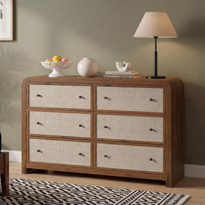Commode 6 tiroirs de 49 po de largeur avec façades en lin, armoire de rangement moderne avec coins arrondis et anti-basculement pour le salon de la chambre à coucher
