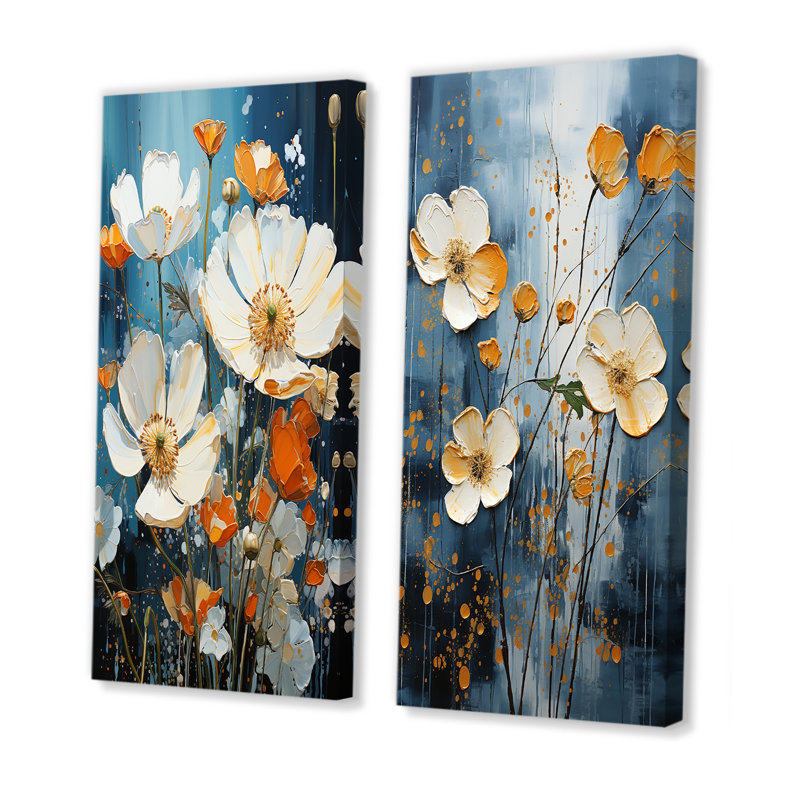 «Blue and White Buttercups Collage - Buttercups», ensemble de 2 reproductions d'art mural, Toile tendue, H 40 po x l 41 po