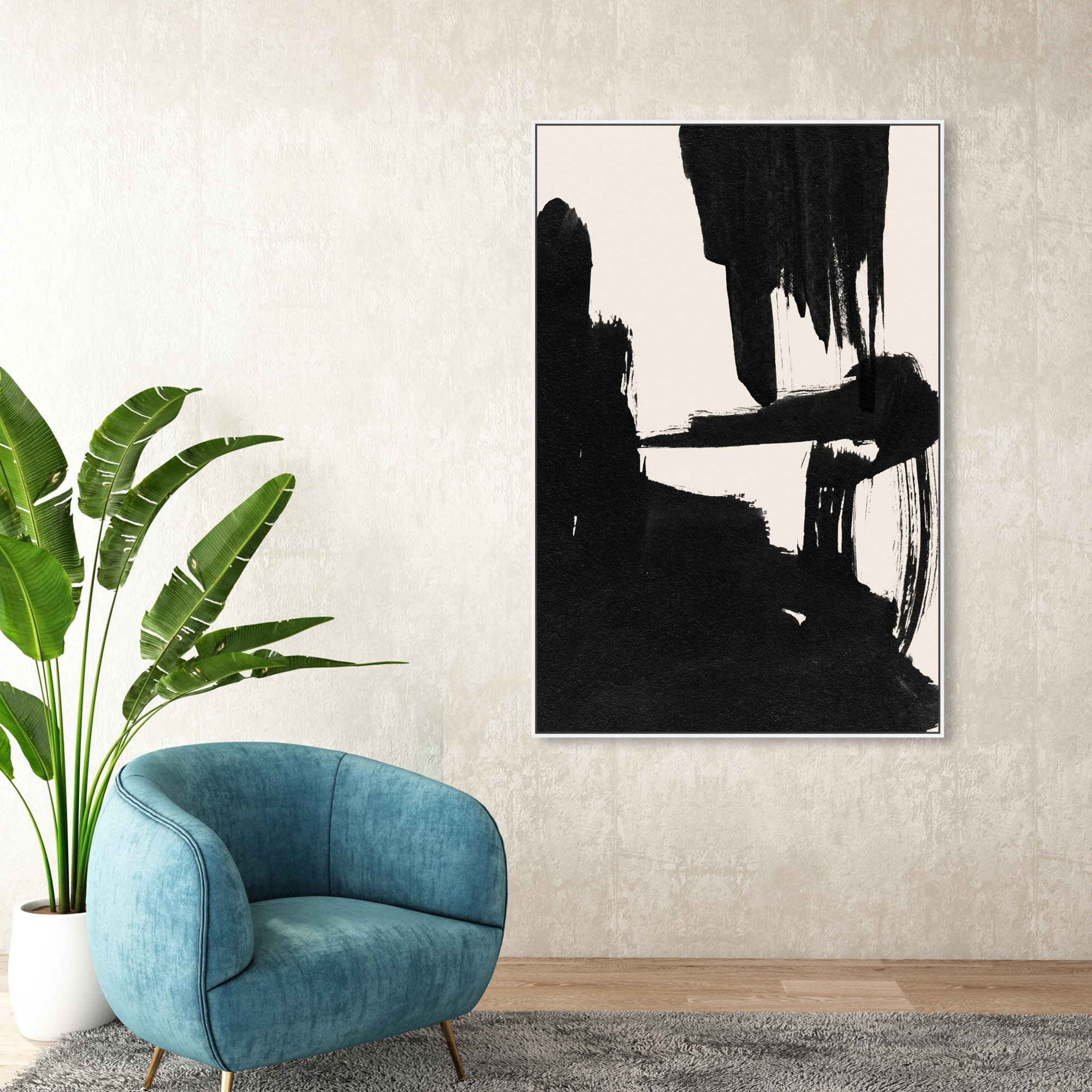Abstract Black And White Brush Stroke by Oliver Gal, White, 55" H x 37" W