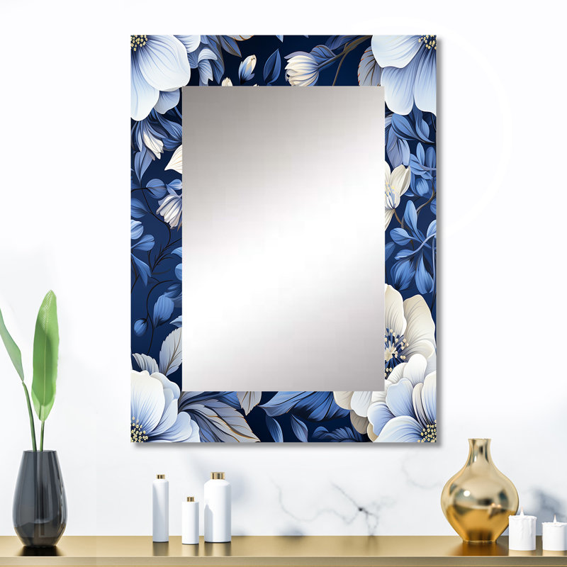 Motif floral bleu et blanc Blaha - miroir décoratif floral, 32 po x 24 po
