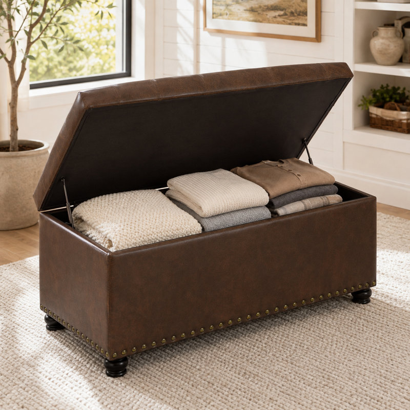 Banc de repose-pieds de rangement rectangulaire en similicuir de 35 po pour le salon