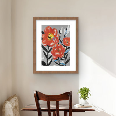 «Pink Flowers with Blue Leaves - Gray», reproduction encadrée
