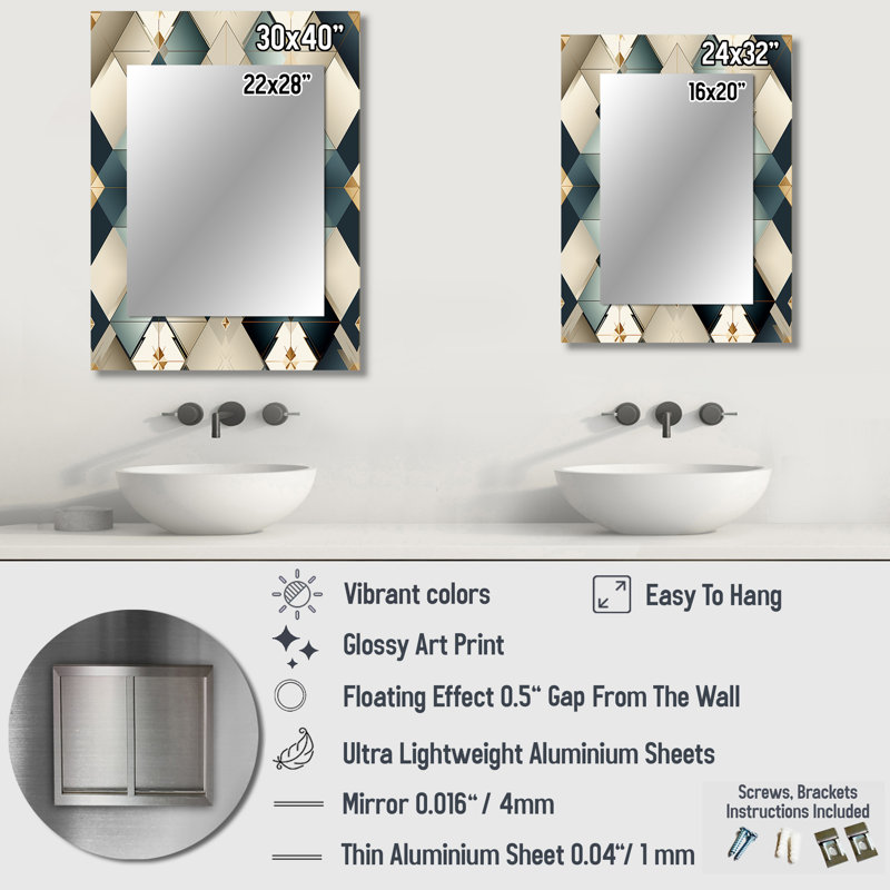 Teal And Grey Marble Cubic Harmony - Geometric  Mirror, Modern Unique Wall Mirror, Printed Metal Art, 32" x 24"