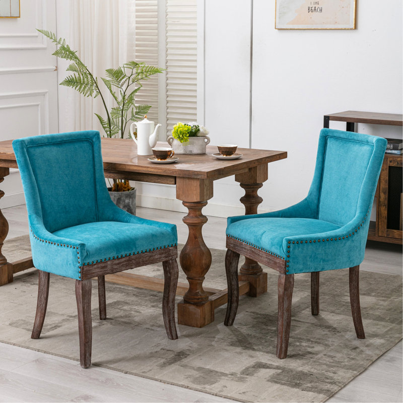 De 2 chaises de salle à manger bleues - tissu épaissi, pieds en bois massif, tête de clou bronze, tissu à caractère neutre - bleu, toucher