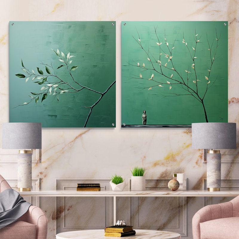 «Botanical Seafoam Solitude», ensemble de 2 peintures murales en acrylique sur verre, H 30 po x l 61 po