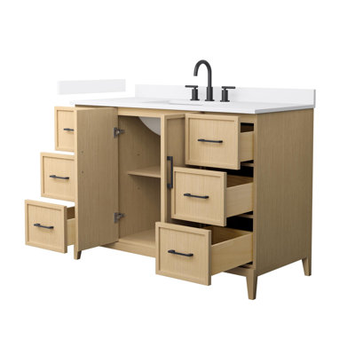 Elan 48 Inch Single Bathroom Vanity in White Oak, White Cultured Marble Countertop, Undermount Square Sink (3-Hole), Matte Black Trim