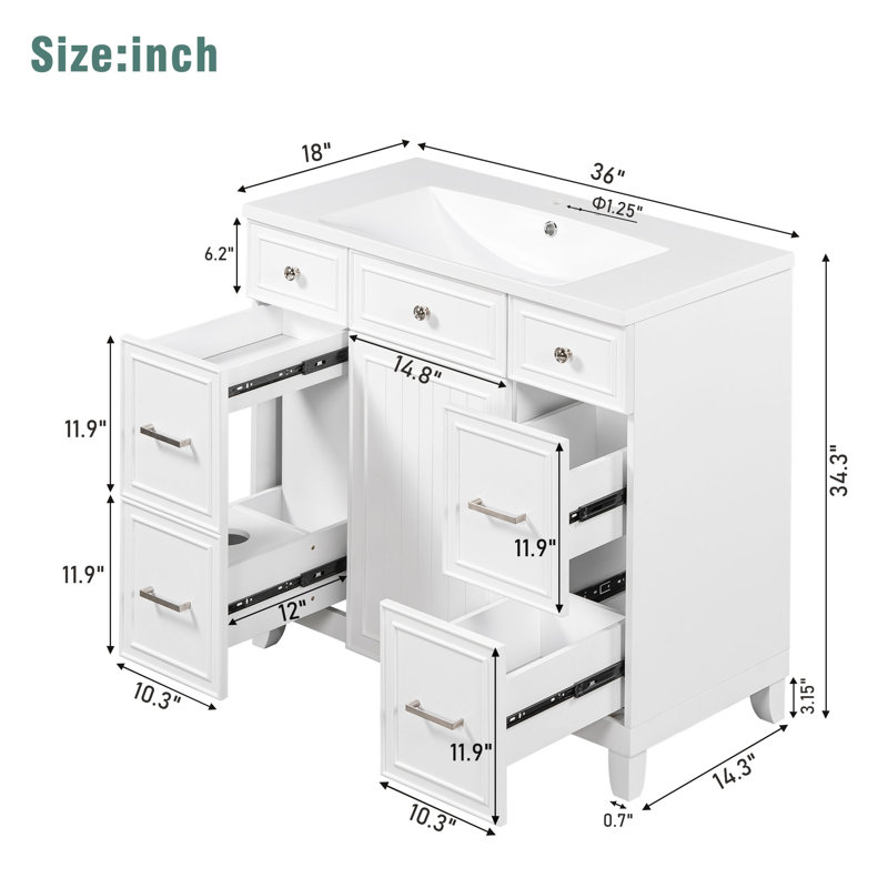 Meuble-lavabo sur pied avec plateau en résine de L 36 po x l 18 po, Argent, Blanc