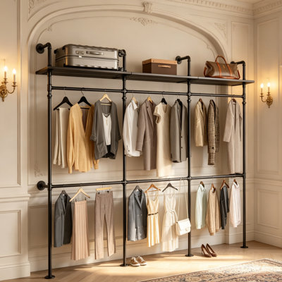 Portant à vêtements industriel en tubes tubulaires, organisateur de vêtements réversible et robuste avec éclairage DEL et étagères, système de garde-robe de 3 m (118 po) pour chambre, magasin et appartement