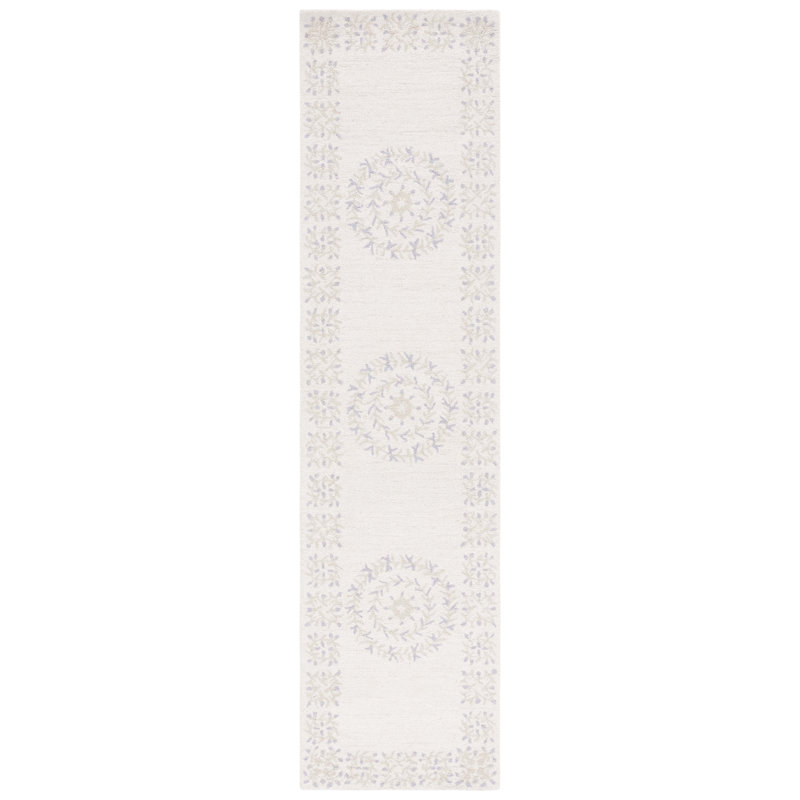 Tapis floral en laine touffeté à la main ivoire / beige, Tapis de couloir 2 pi 3 po x 9 pi